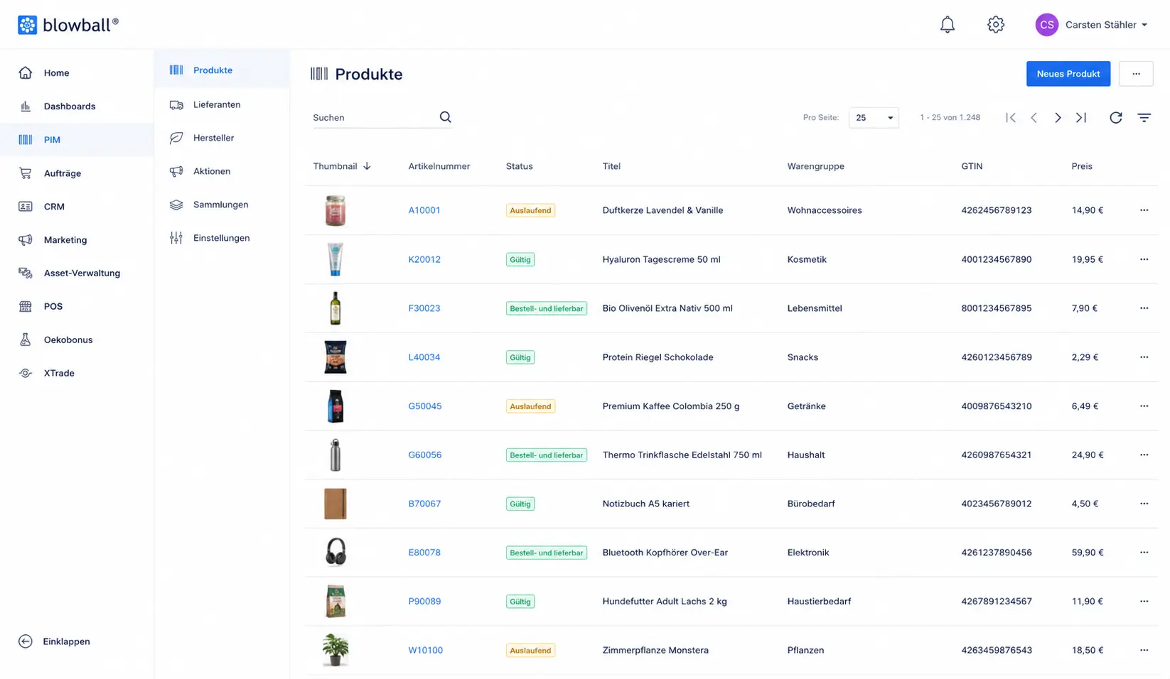 Product management overview with attributes and linked assets